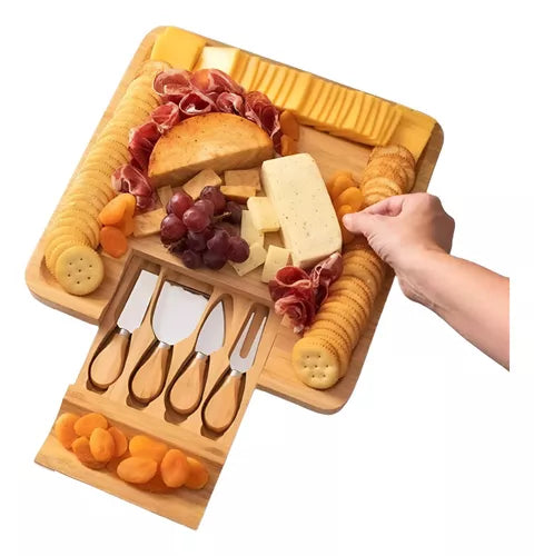 Tabla Para Quesos De Madera Bambú + 4 accesorios