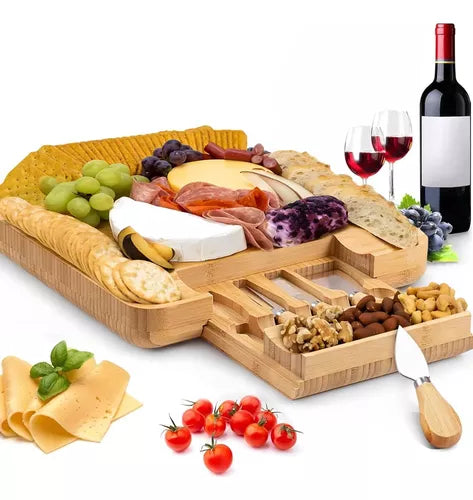 Tabla Para Quesos De Madera Bambú + 4 accesorios